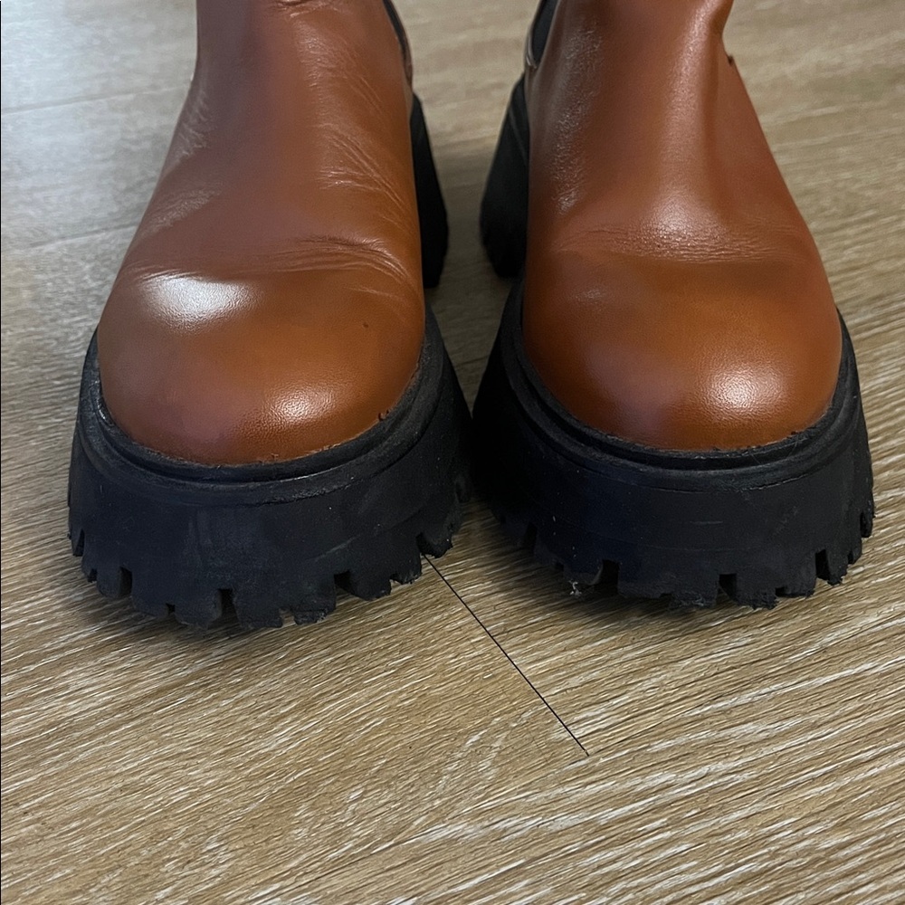 Zara Leather Lug Sole Chunky Ankle Chelsea Combat Boots Cognac Brown Black 37 - Picture 11 of 13